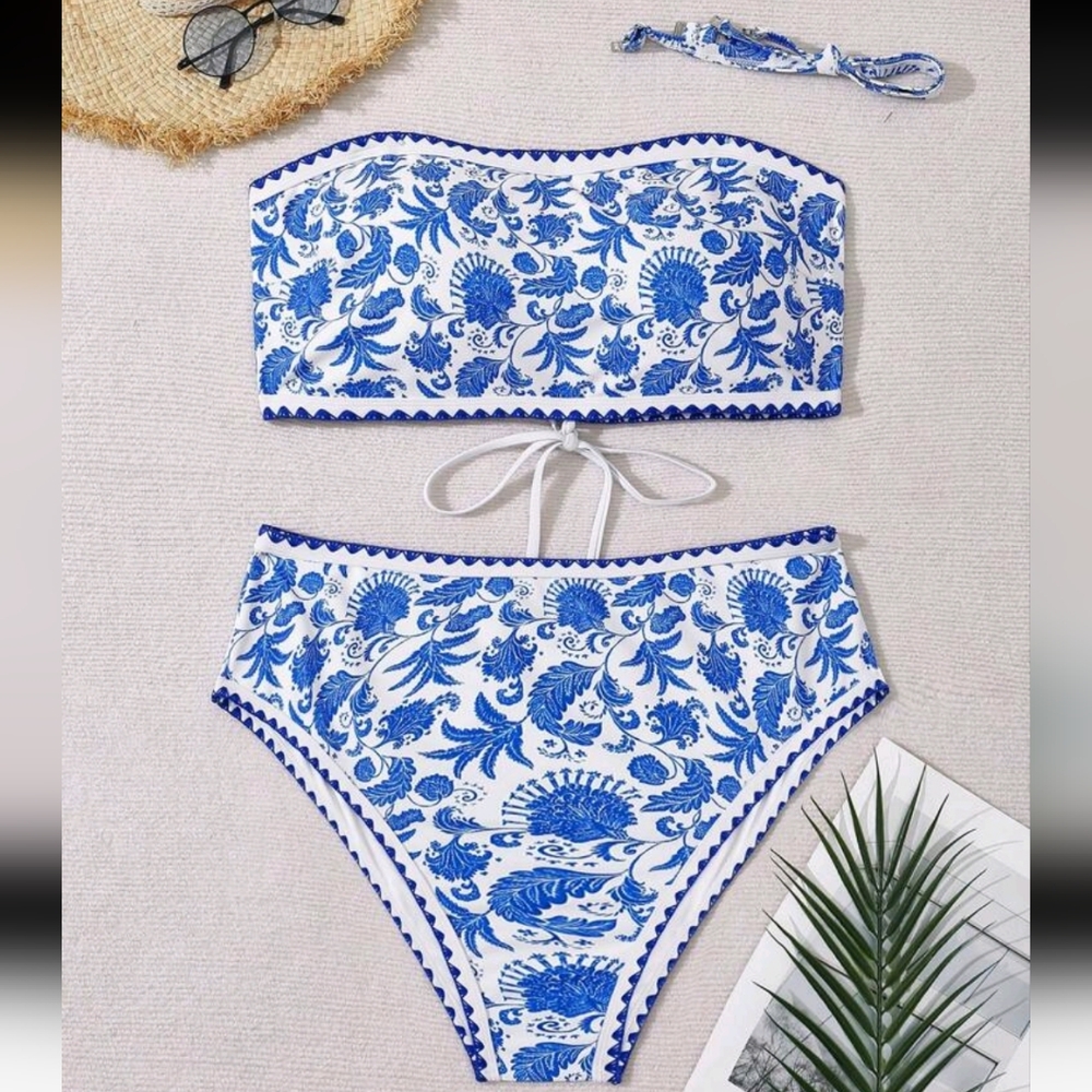NWOT 2 Piece Curve Embroidered Trim Adjustable Back Bikini, XL (12), Bl…